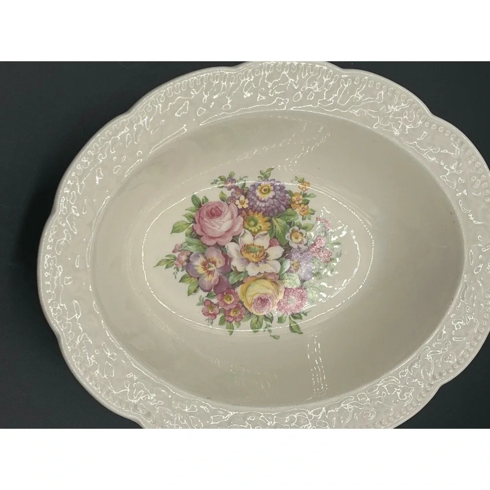 VINTAGE Edwin M‎ Knowles China Co USA CremeLace Serving Bowl. Marked 1933